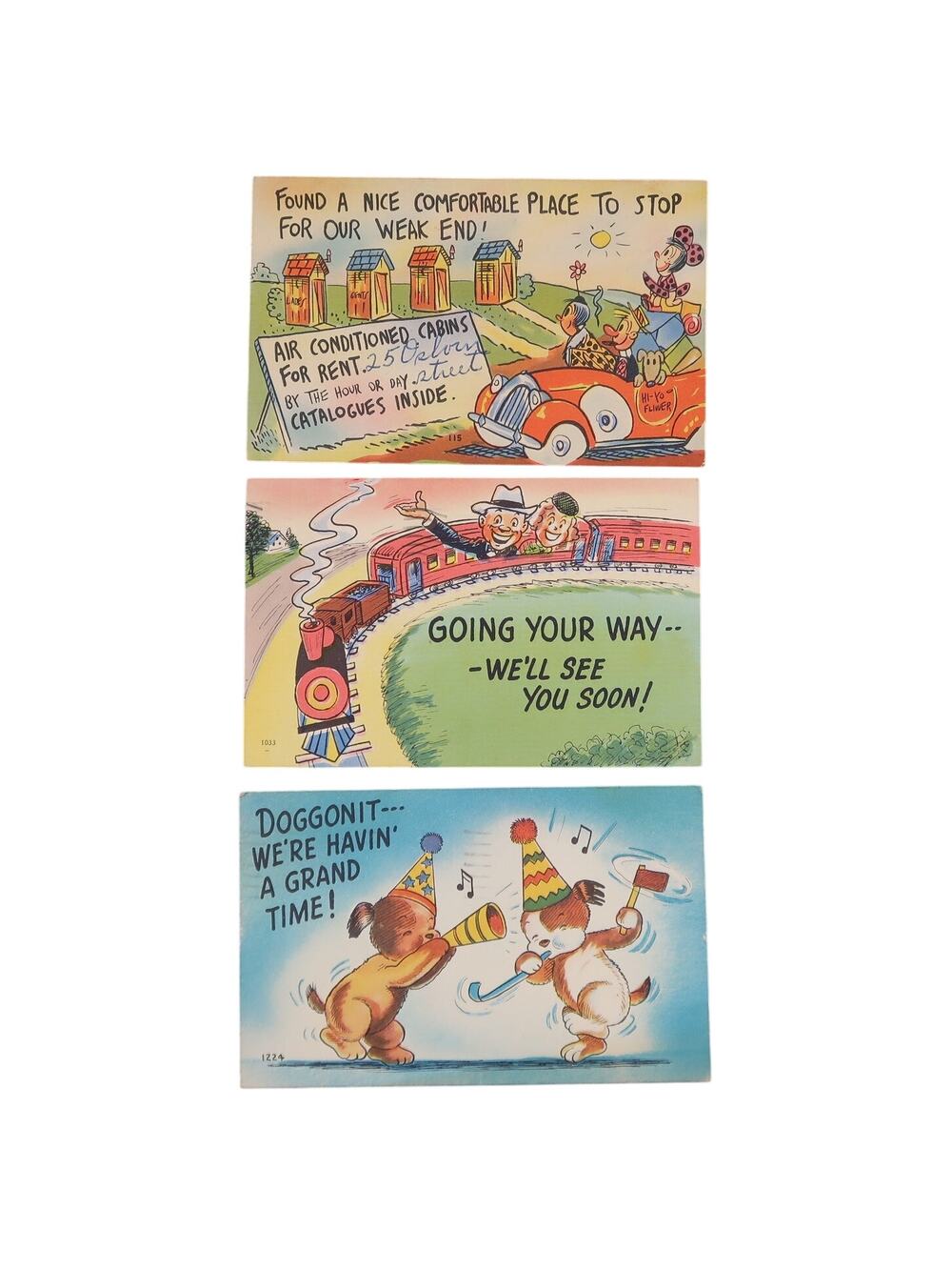 ColourPicture Post Card Set of 3 Cartoon Travel Vintage 3.5 x 5.5 in Posted